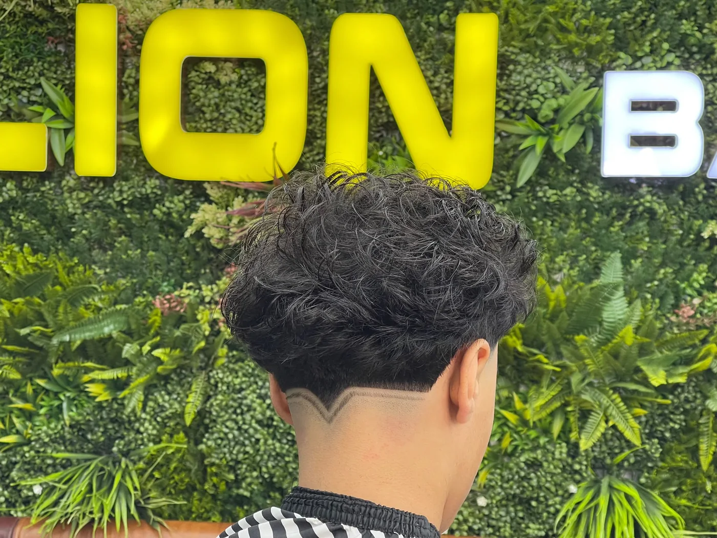 Curly haircut with a detailed neckline in front of the Lion Barbers sign